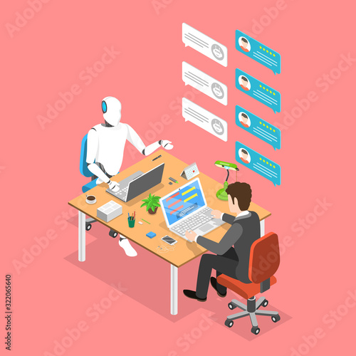 Flat isometric vector concept of chatbot, ai, artificial intelligence, customer support, markting strategy.