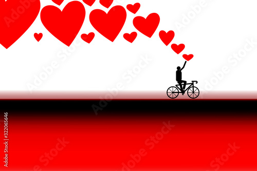 Red heart, red-black road surface ,Vector isolated bicycle icon. Bike silhouette symbol