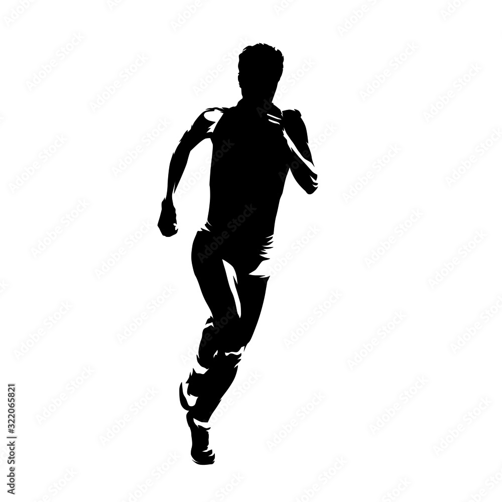 Running woman, isolated vector silhouette. Front view. Female runner