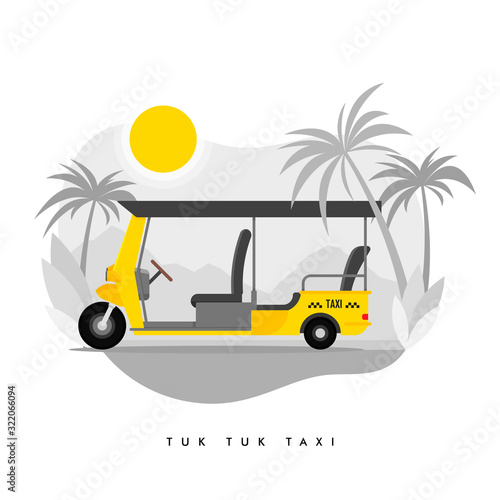 Vector modern flat illustration tuk tuk auto rickshaw tricycle taxi service, palm on sun. Hot summer exotic destination vacation, beach water activities recreation