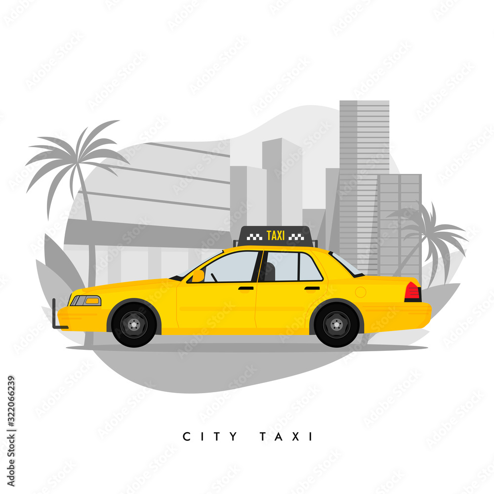 Vector illustration of yellow taxi cab on city with skyscrapers and tower with palm trees Vector illustration of yellow taxi cab on city with skyscrapers and tower with palm trees