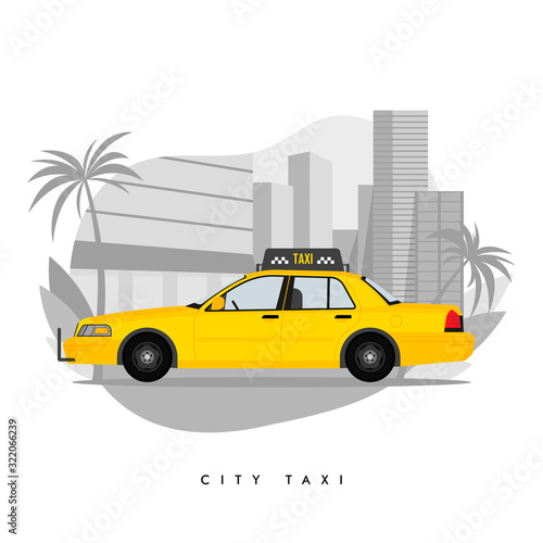 Fototapeta Vector illustration of yellow taxi cab on city with skyscrapers and tower with p