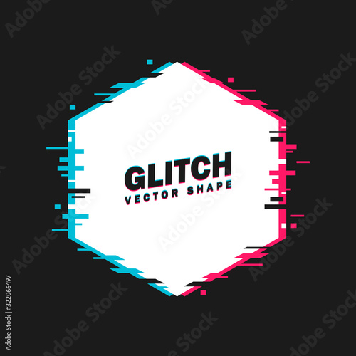 Geometric hexagon banner with glitch effect and shining lights. Vector illustration. Dark background