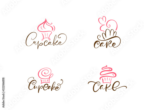 Set of four illustrations of cake vector calligraphic text with logo. Sweet cupcake with cream, vintage dessert emblem template design element. Candy bar birthday or wedding invitation