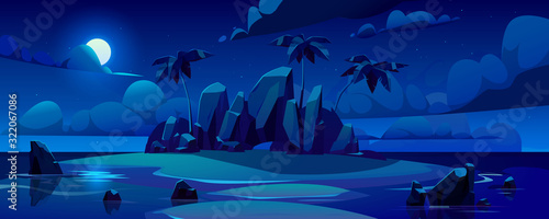 Night tropical island in ocean with palm trees, rocks and moon in sky. Vector cartoon illustration of summer sea landscape with paradise shore and sand beach in moonlight. Exotic travel and vacation