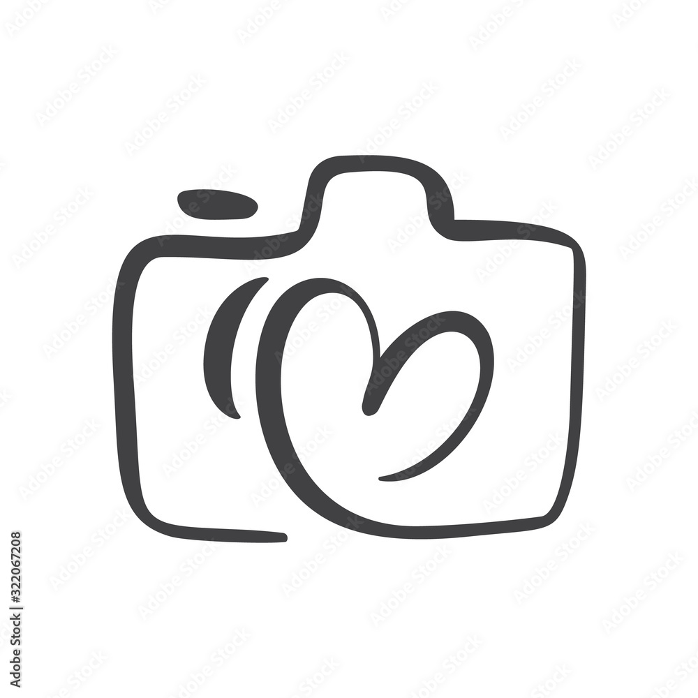 Calligraphic brush camera with heart graphic design concept, logo vector set. Valentine card graphic photo icon Calligraphic brush camera with heart graphic design concept, logo vector set. Valentine card graphic photo icon
