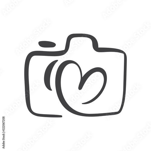 Calligraphic brush camera with heart graphic design concept, logo vector set. Valentine card graphic photo icon
