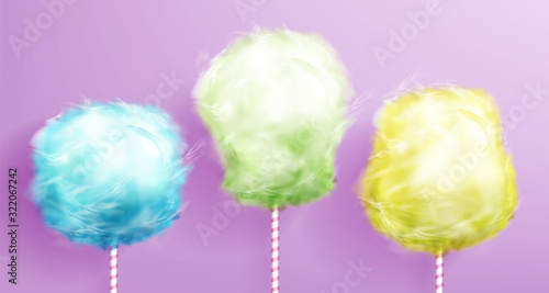 Candy cotton on striped stick color set isolated on pink background