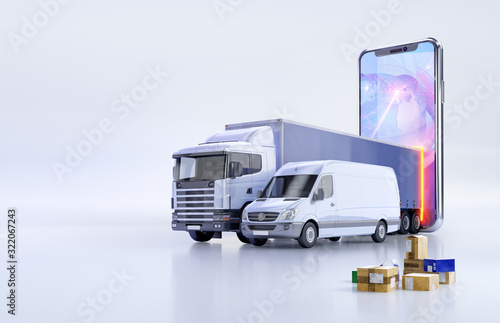 Fast shipping delivery, online tracking service app 3D illustration concept with delivery truck, cargo van, parcel boxes, mobile smartphone, logistics map, location marks. Logistic network application