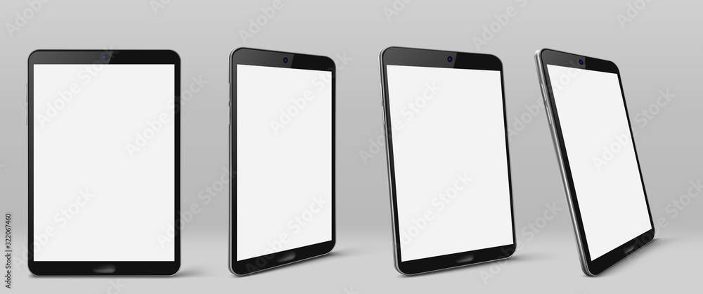 Tablet computer with white screen and black frame. Vector realistic mockup of modern smart gadget with blank digital display front and perspective view isolated on gray background Tablet computer with white screen and black frame. Vector realistic mockup of modern smart gadget with blank digital display front and perspective view isolated on gray background
