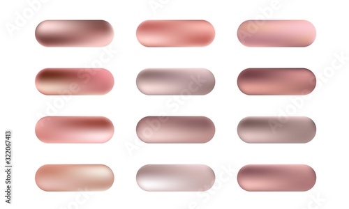 Big set of rose gold foil texture buttons. Vector pink golden elegant, shiny and metallic gradient collection