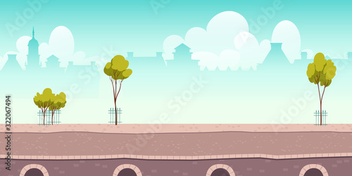 Summer river promenade or bridge with green trees and city buildings on background. Vector cartoon cityscape with old lake quay, empty seafront in european town