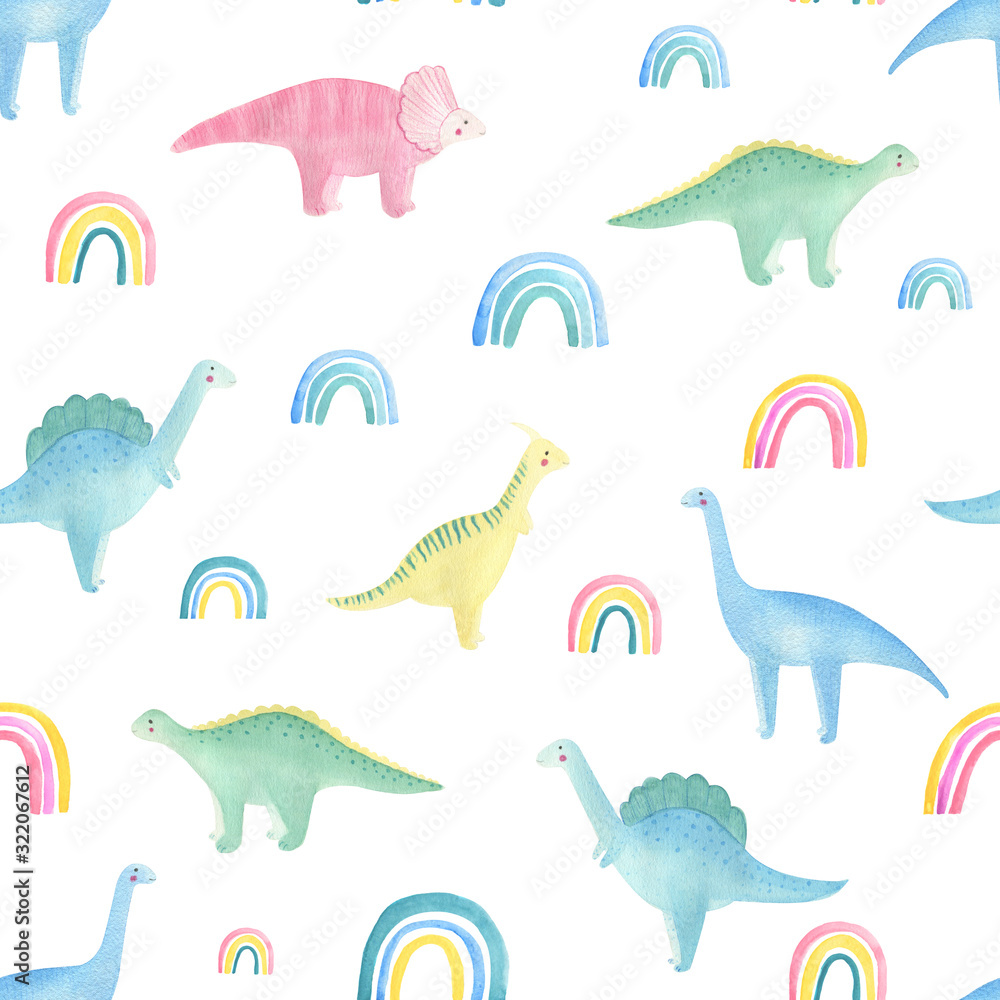 Fototapeta premium Dino and rainbow seamless pattern on white background. Children, kids textile background with dinosaur and colorful rainbow. Watercolor hand drawn. Сhildish style. For kids, little baby, toddlers.