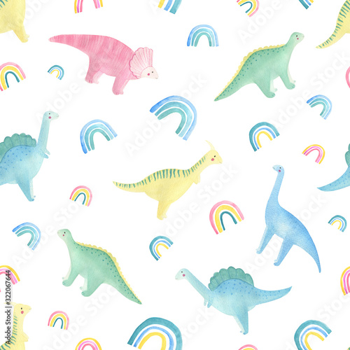 Dino And Rainbow Seamless Pattern On White Background Children Kids Textile Background With Dinosaur And Colorful Rainbow Watercolor Hand Drawn Shildish Style For Kids Little Baby Toddlers Stock Illustration Adobe Stock