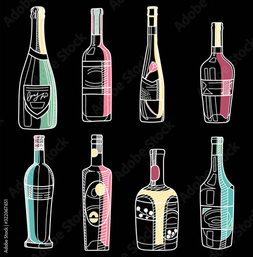 Hand drawn alcohol bolltes. Vector sketch of a bottles colored with white outline on black background. photo