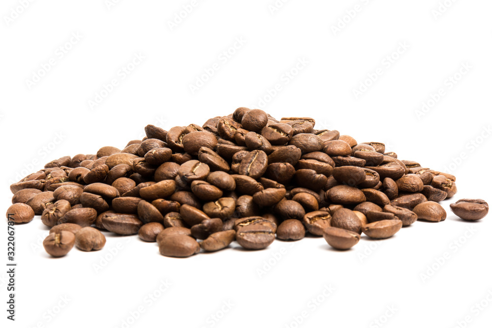 Coffee. roasted coffee beans on white background in close-up Coffee. roasted coffee beans on white background in close-up