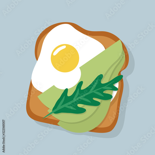 Vector illustration of a nice breakfast: scrambled egg and avocado on toast with greens