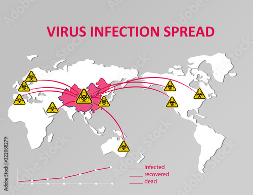 China causative agent of respiratory coronavirus 2019-nKoV. Map of the Earth spread of influenza in the world