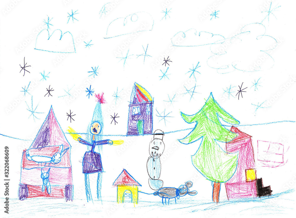 Child's drawing.Children play with snow outside christmas tree.Vacation, holiday, New year, Christmas