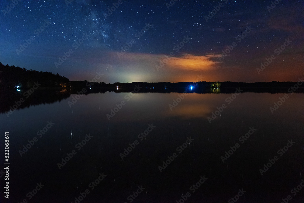 A night on the lake with a bright milky way in the sky and millions of stars glittering in the water A night on the lake with a bright milky way in the sky and millions of stars glittering in the water