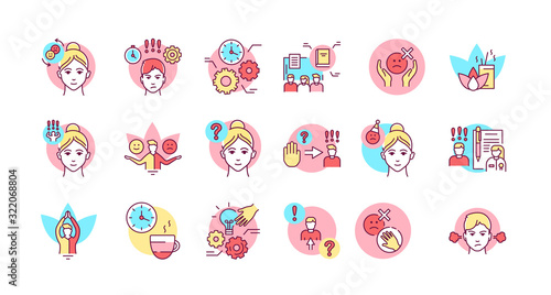 Self control color line icons set. Ability to regulate one's emotions, thoughts, and behavior in the face of temptations Pictogram for web page, mobile app, promo. Editable stroke.