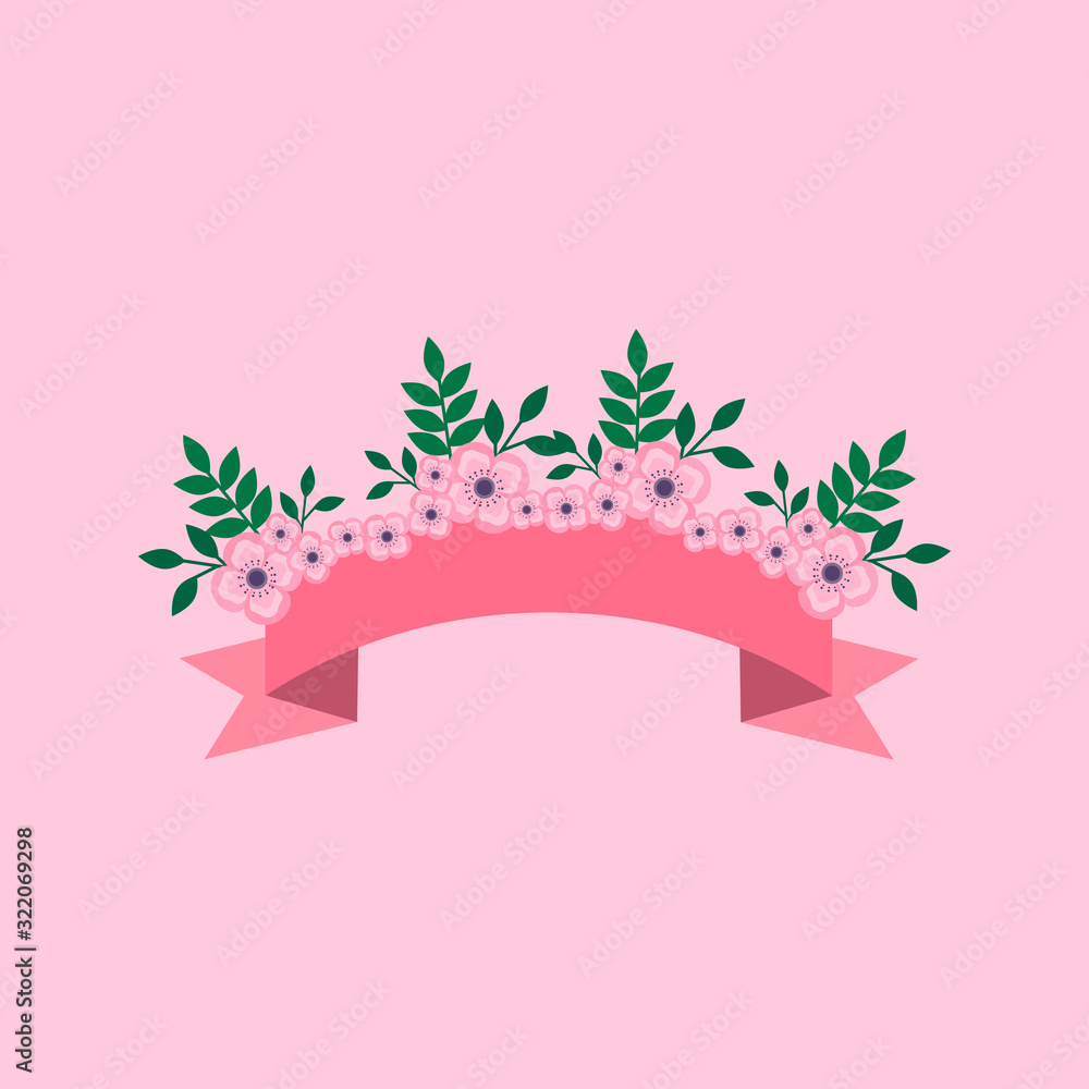 Obraz premium This is pink ribbon with flowers, leaf. Set of pink tape isolated on pink background. Could be used for flyers, banners, postcards, holidays decorations.