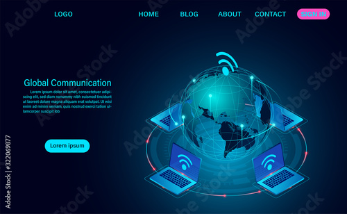 Global communication Internet network around the planet. wireless technology telecommunication concept. Isometric flat design vector illustration