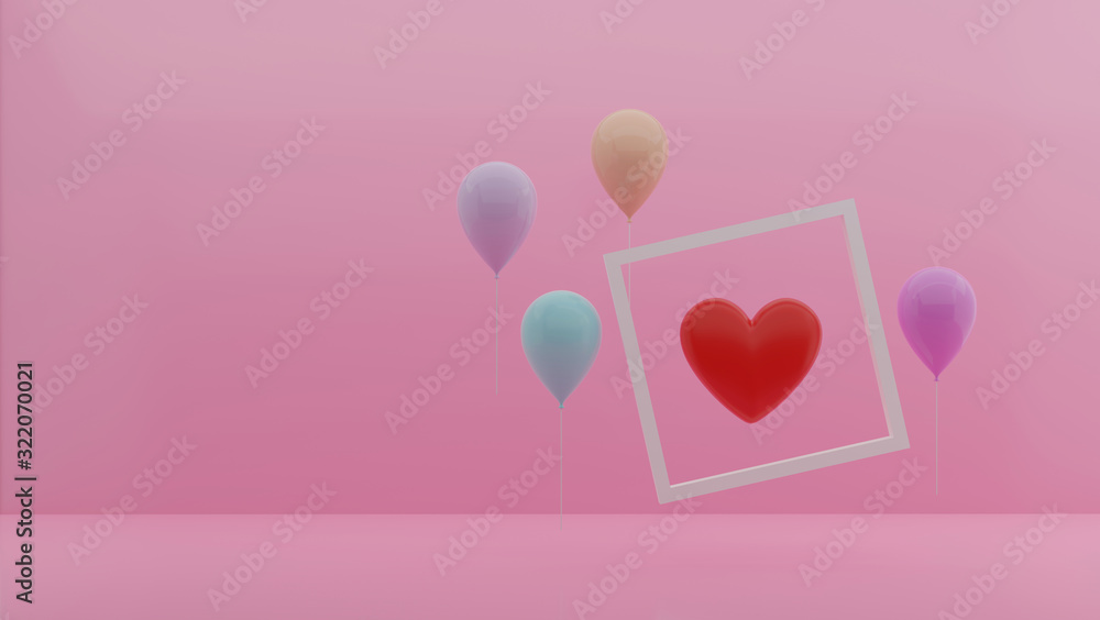 Valentine's Day background, 3d hearts and balloon on pink backdrop. Cute love banner.