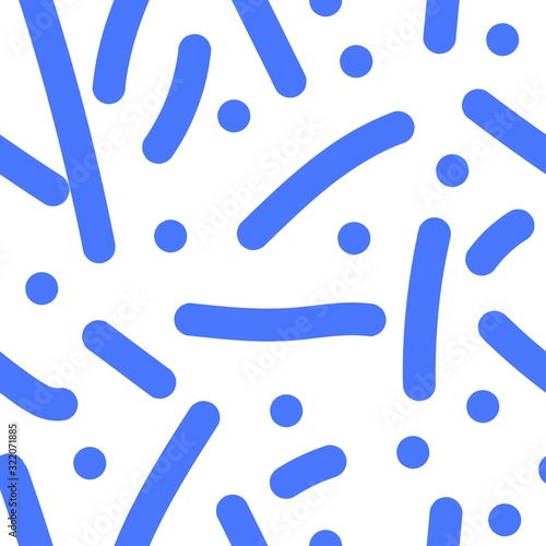 Vector abstract seamless pattern. Prints blue lines and hand drawn points on a white isolated background. Design for wallpaper, textiles, web, social media wrapping paper, packaging, banner.