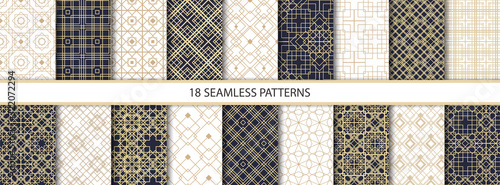 Fototapeta Naklejka Na Ścianę i Meble -  Set of eighteen gold decorative seamless patterns vector of different geometric forms. Abstract pattern for design cards, invitations, wallpaper, wrapping paper. Square, rhombus, triangle, line