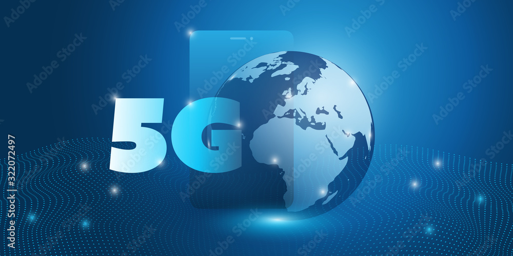 5G Network Label with Smart Phone and Earth Globe - Futuristic High Speed, Broadband Mobile Telecommunication and Wireless Internet Design Concept 5G Network Label with Smart Phone and Earth Globe - Futuristic High Speed, Broadband Mobile Telecommunication and Wireless Internet Design Concept
