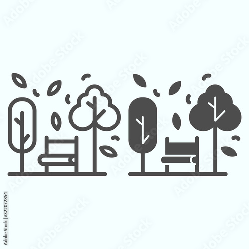 Bench and trees line and solid icon. Wide chair in front of plants and leafs in park. Autumn season vector design concept, outline style pictogram on white background, use for web and app. Eps 10.