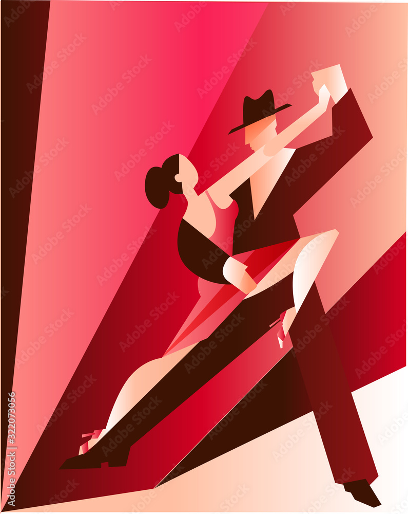 Beautiful couple dancing tango. A woman in a red dress and a man in a ...