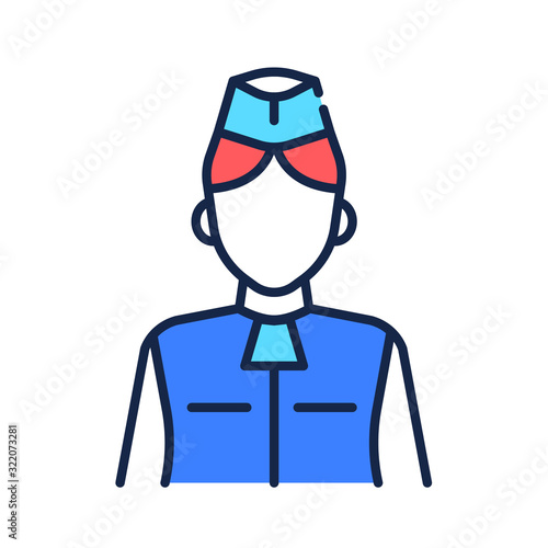 Stewardess color line icon. Member of an aircrew employed by airlines aboard commercial flights. Pictogram for web page, mobile app, promo. UI UX GUI design element. Editable stroke.