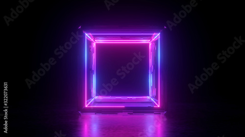 Fototapeta Naklejka Na Ścianę i Meble -  3d render, abstract neon background, square shape box, blank frame, pink glowing lines isolated on black, ultraviolet light