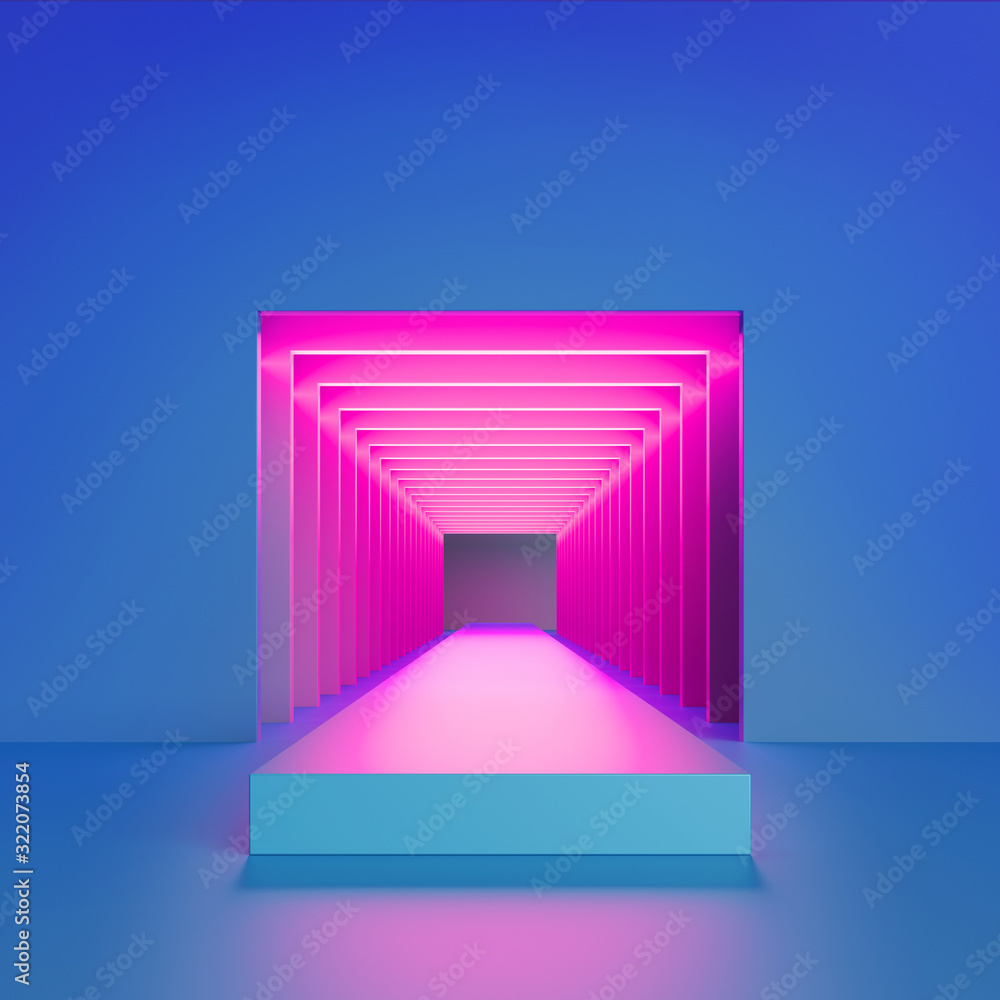 3d render, abstract blue background, pink neon light inside square ...