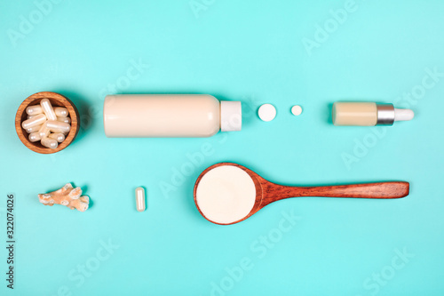 Different types of collagen. Powder, capsules, tablets and fluid. photo