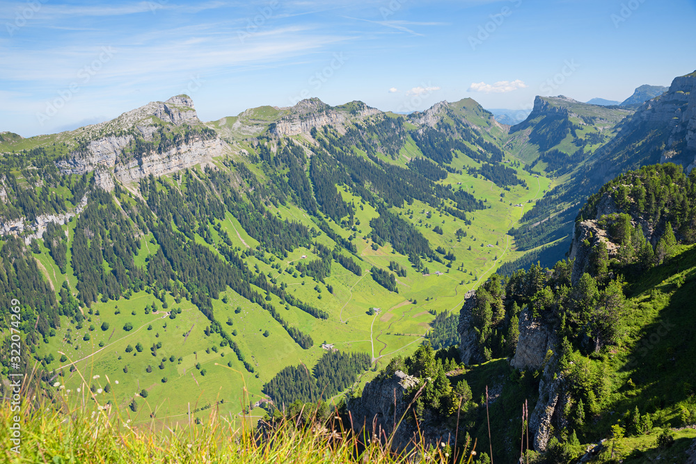 Naklejka premium beautiful Justistal valley, view from the top of Niederhorn mountain, switzerland