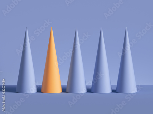 3d render, row of cones isolated on violet background. Abstract primitive geometric shapes. Yellow cone. Outstanding idea, one of a kind concept. Modern minimal design