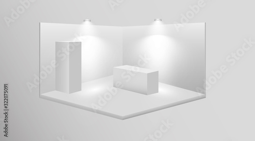 3D exhibition booth. White empty promotional stand with desk. Vector white empty geometric square. Presentation event room display. Blank box template