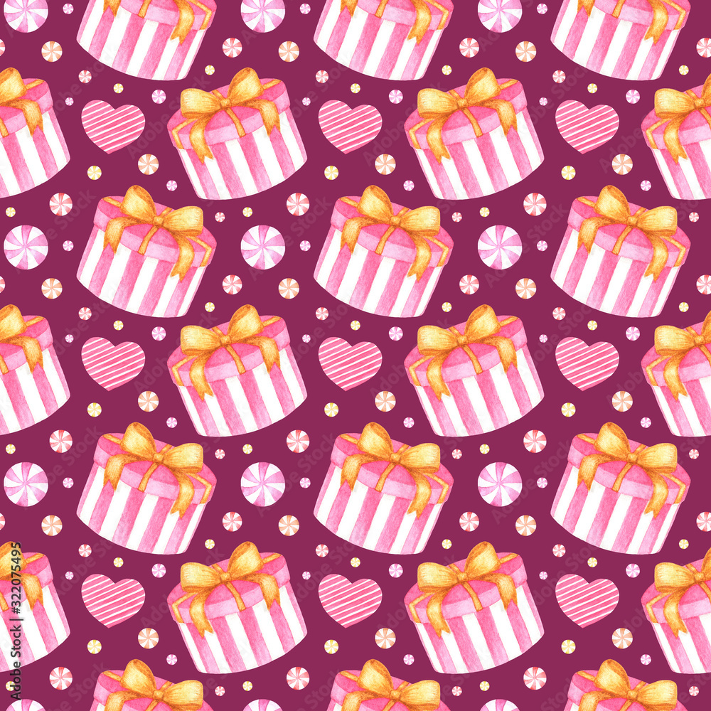 Hand drawn seamless pattern with watercolor pink gift box, heart and round candies on purple background for cute holiday and Valentine's Day design; wrapping paper, greeting card, package, invitations