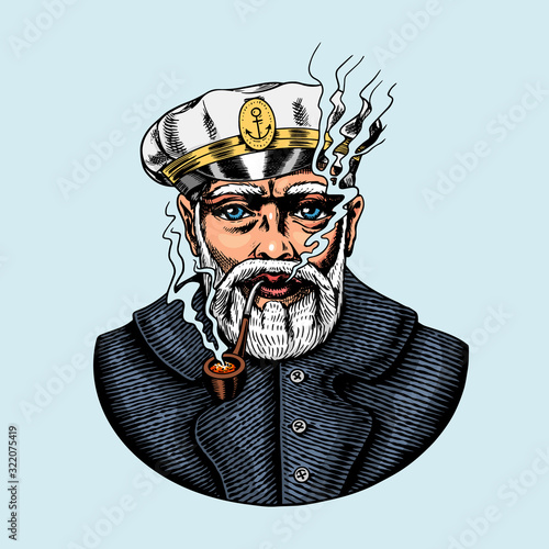 Sea captain, marine old sailor with pipe or bluejacket, seaman with beard or men seafarer. Travel by ship or boat. Engraved hand drawn in old boho sketch.