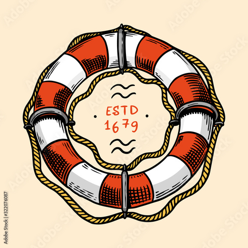 Sea Lifebuoy. Nautical or marine Ring buoy, ocean water wheely or lifering. Hand drawn monochrome retro engraved old sketch. Vector illustration for tattoo or emblems.