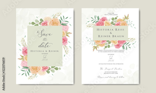 Vintage wedding invitation card with colourful flower