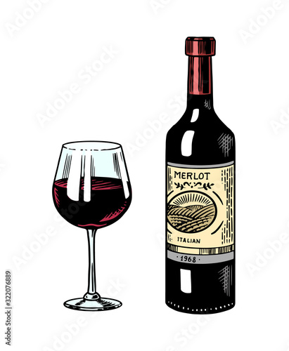 Glass of red wine and glass bottle still life. Alcoholic drink or sparkling champagne. Hand Drawn engraved vintage sketch for bar, restaurant menu.