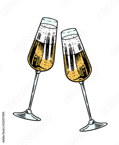 Cheers toast. Clink glasses of champagne or sparkling wine in hand. Celebration concept. Grape alcoholic drink. Vintage badge. Splashing alcohol Template Label. Semi sweet dry drink. Drawn engraved.