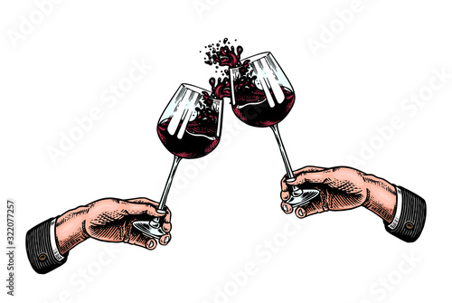 Cheers toast and clink glasses of wine in hand. Celebration concept. Red grape alcoholic drink. Vintage badge. Splashing alcohol Template Label. Semi sweet dry drink. Drawn engraved.