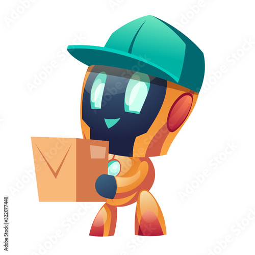 Delivery robot with post cardboard box. Technology of future. Vector cartoon character automaton courier deliver package of order, parcel. Cyborg with artificial intelligence for shipping