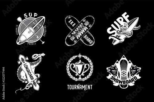Board sport vintage icon set. Retro style vector emblem pack. Skateboard, snowboard and surfing. Black and white labels.