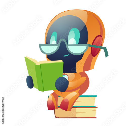 Robot in glasses reading book in library. Machine learning, ai chatbot education and information research, cyborg data mining, artificial intelligence knowledge, cybernetic Cartoon vector illustration